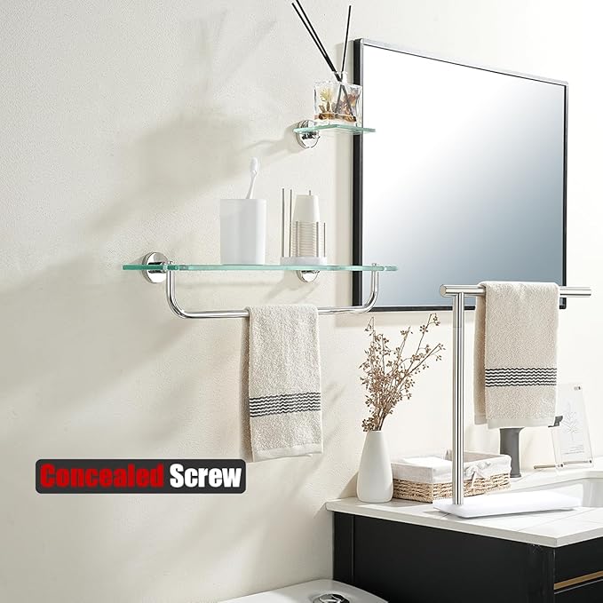 JQK Bathroom Glass Shelf Polished Chome, Shelf with 19 Inch Towel Bar Tempered Glass Shower Storage 20 by 5 inches, 304 Stainless Steel Silver Finish Wall Mount, TGS100L20-CH