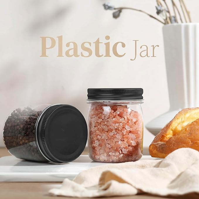novelinks 8 oz Clear Plastic Jars with Airtight Lids, 8 Pack Plastic Mason Jars with Lids 8oz, Refillable Storage Slime Containers & Small Spice Jar for Kitchen Organization (8 Pack,Black)