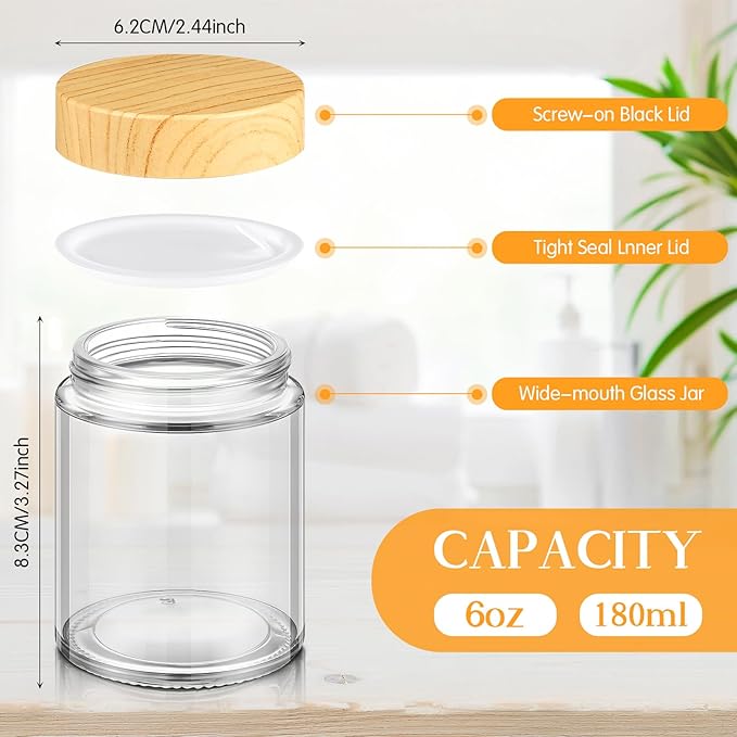 Norme 24 Pcs 6oz Glass Jars with Lids Empty Small Glass Containers and Inner Liners Reusable Cosmetic Jars Round Airtight Bottles with Plastic Wood Grain Lids for Travel