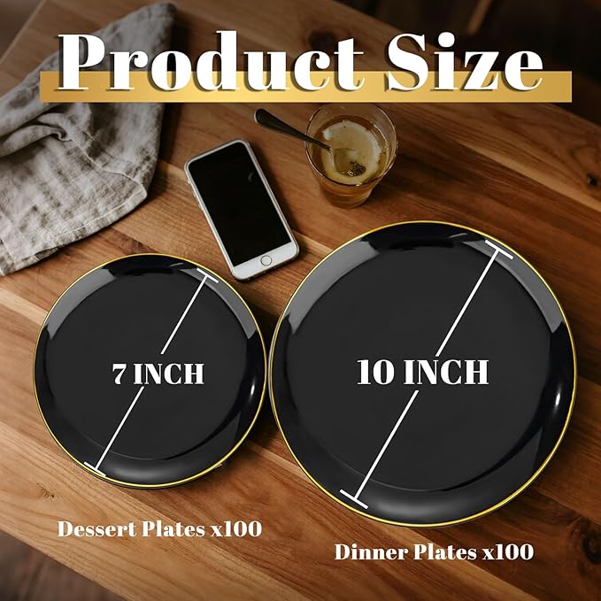 KIRE 200Pcs Black Plastic Plates - Black Plates Disposable for Party - Include 100 for Dinner and 100 for Dessert for Birthday/Wedding/New Year