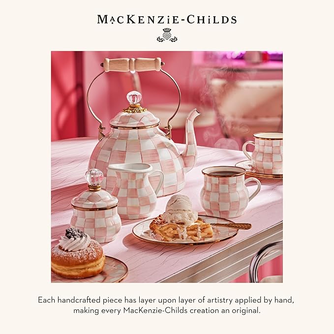 MACKENZIE-CHILDS Enamel Charger Plate, Charger Decoration for Dinner Plates or Home Decor, 12 Inches, Pink-and-White Rosy Check, Set of 4