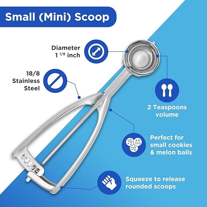 Jenaluca Small Scoop - Mini Cookie Scooper & Melon Baller - 2 Teaspoon Volume - Disher #100 stainless steel scoop for baking cookies & fruit balls