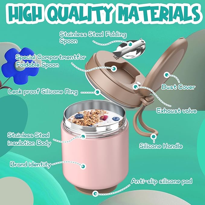 Insulated Food Jar for Kids - 15.2 Oz, Thermo for Hot Food, Soup Thermo, Insulated Food Container, Termos Para Comida Caliente, Width Mouth Stainless Steel Lunch Box with Spoon, Pink