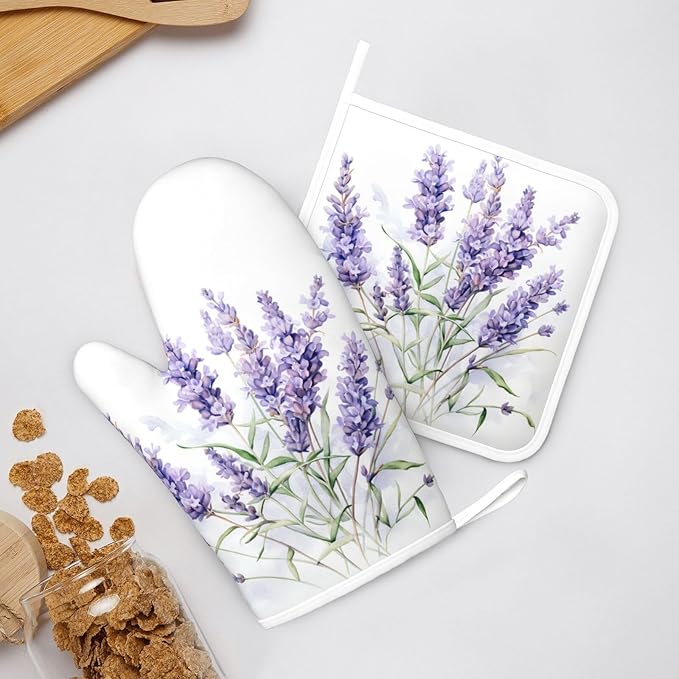 Oven Mitts and Pot Holders Lavender Watercolor Flower Floral Silicone Kitchen Accessories Set of 4 Heat Resistant Long Gloves Potholder Non-Slip Grip for Chef Cooking Baking Grilling BBQ
