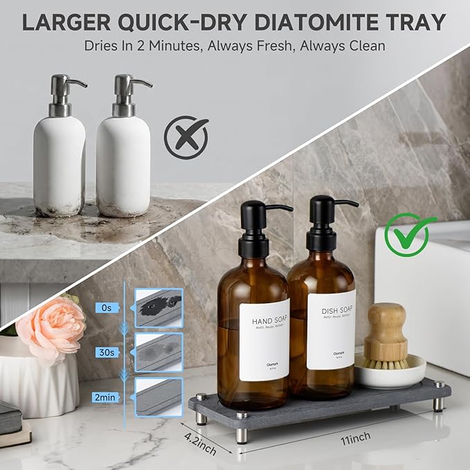 2 Pack Kitchen Soap Dispenser Set - 16oz Amber Glass Dish and Hand Soap Dispenser with Stainless Steel Pump, Instant Dry Tray, Dish Brush & Holder, Refillable Countertop Sink Decor for Kitchen & Bath