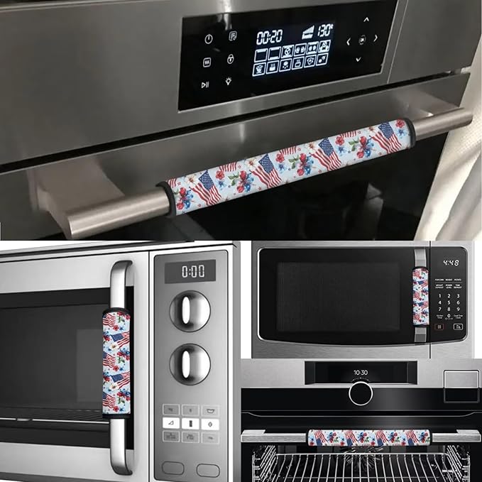 American Flag Hibiscus Flowers 6 Pcs Refrigerator Door Handle Covers for July 4th Independence Day Decor Kitchen Appliance Fridge Dishwashers Microwave Door Handle Protector Covers