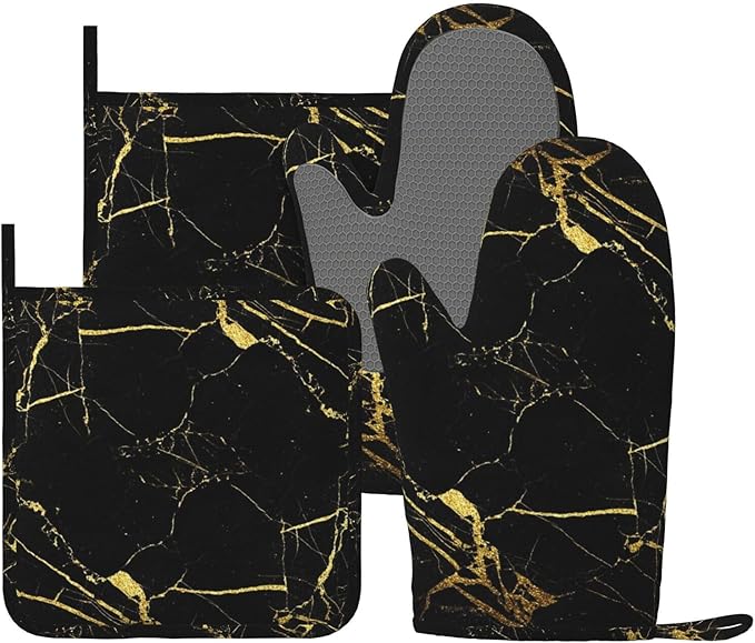 Marble Gold Black Oven Mitts and Pot Holders Sets of 4, Heat Resistant Silicone Oven Mittens and Potholders Gloves Hot Pads for Kitchen Cooking Baking Grilling BBQ Chef