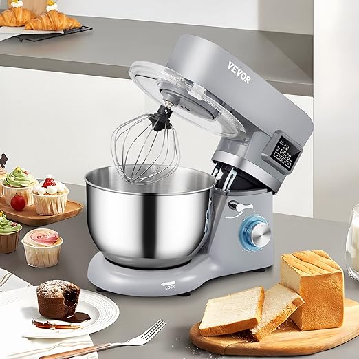 VEVOR Stand Mixer, 660W Electric Dough Mixer with 6 Speeds LCD Screen Timing, Tilt-Head Food Mixer with 5.8 Qt Stainless Steel Bowl, Dough Hook, Flat Beater, Whisk, Scraper, Splash-Proof Cover - Gray