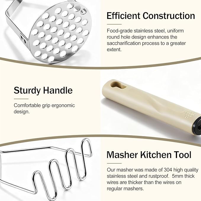 Potato Masher Stainless Steel, 2pcs Heavy Duty Mashed Potato Mashers - Masher Kitchen Tool & Food Mashers for Potatoes, Beans, Avocado, Meat, Vegetables Dishwasher Safe