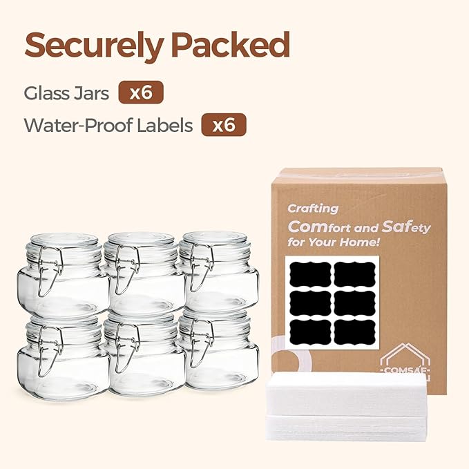 ComSaf Set of 6 Square Glass Jars with Airtight Wire Clamp Lids (17 Oz), Wide Mouth Pantry Canisters for Overnight Oats, Jam, Pickling, Spice Storage, Gifts