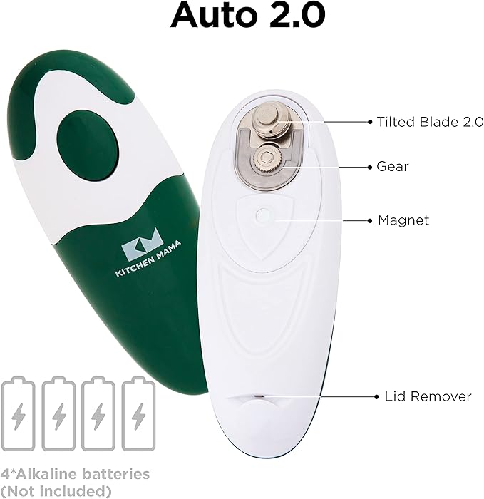 Kitchen Mama Auto 2.0 Electric Can Opener: Blade Opens Almost Any Can Pop or Soda Can - Automatic, Hands Free, Safe, Smooth Edge, Lid Remover, Battery Operated, Cordless, YES YOU CAN (Alpine Green)