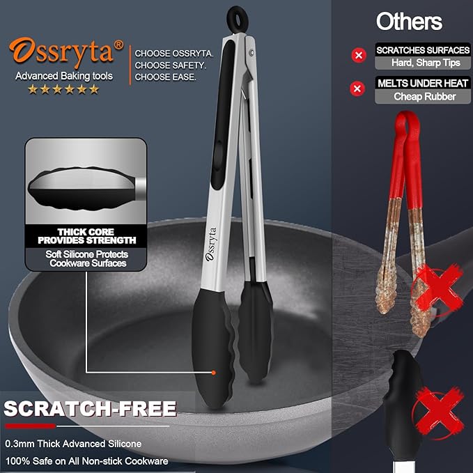 Kitchen Tongs with Silicone Tips - Heat Resistant 600°F Stainless Steel Cooking Tong Set, Non-Stick 7" 9" 12" Locking Silicone Tongs for Cooking, Grilling, Serving & Baking (3-Piece, Black)