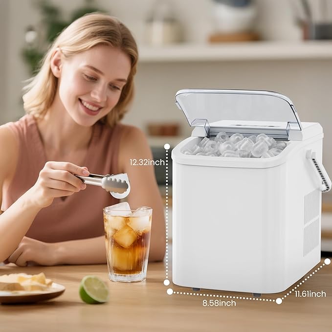DUMOS Countertop Ice Maker with Handle, 26lbs/24H Portable Ice Machine, 9 Bullet Cubes Ready in 6 Mins, Self-Cleaning, Quiet Compact for Home, Kitchen, RV, Camping, Bright White