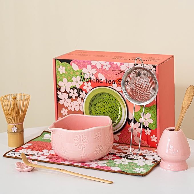 8 Pcs Matcha Whisk Set, Ceramic Matcha Bowl, Whisk and Holder, Bamboo Scoop and Powder Spoon, Scoop Rest, Sifter and Tea Towel, Matcha Set with Cherry Blossom Carved Patterns for Matcha Lovers (Pink)