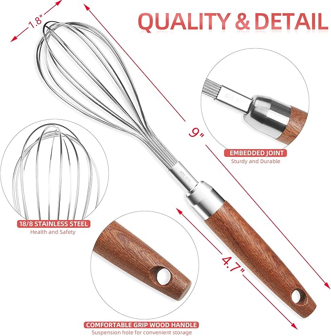 Stainless Steel Wire Whisk for Cooking- Wooden Handle Kitchen Multi Function Non Stick Balloon Whisk Egg Beater for Blending Whisking Beating Frothing Stirring Batters (9"L x 1.8"W)