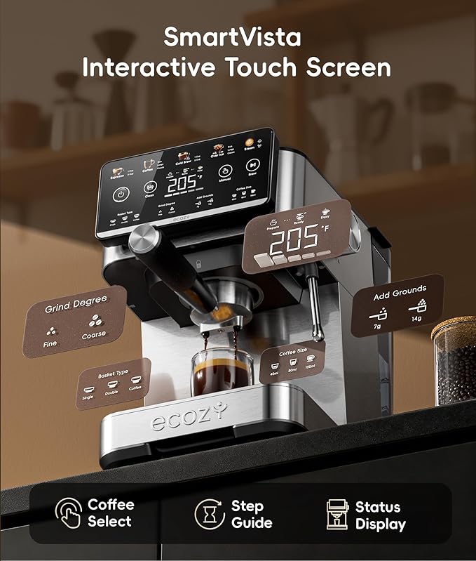 ecozy 4-in-1 Espresso Machine and Coffee Maker Combo with Milk Frother, Cold Brew & Over Ice, Interactive Touch Screen, Stainless Steel, Brezzano Elite Series for Cappuccinos, Lattes, Americanos