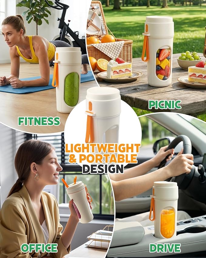 Portable Blender for Smoothies, BPA Free Mini Blender for Mixing Protein Powder, 15 Oz Dishwasher Safe Portable Bottle with 12-Blade, Rechargable Sport Bottle Compact and Easy to Clean