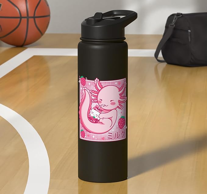 Kawaii Axolotl Strawberry Milk Shake Carton Japanese Anime Stainless Steel Insulated Water Bottle