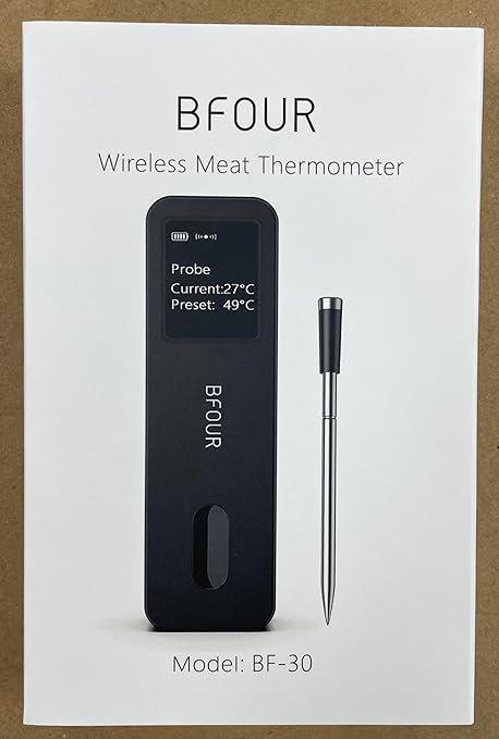 BFOUR Meat Thermometer Digital Wireless with LCD Booster, Bluetooth Food Cooking Thermometer with Smart App, 524FT Remote Range, 100% Waterproof & 752°F Heat Resistant Probe for BBQ Oven Grill Smoker