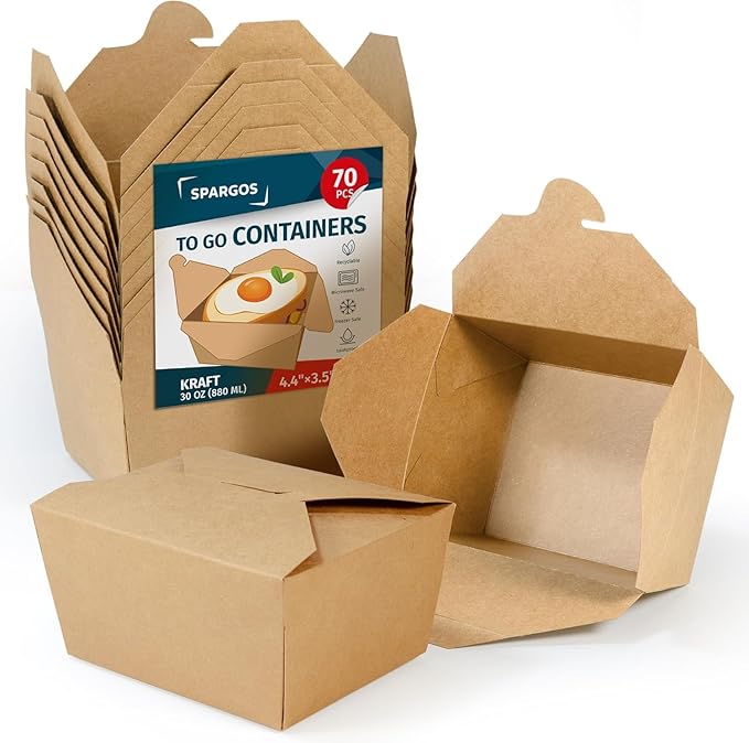 Chinese Takeout Storage Containers (70 Pack) 30oz - Kraft Brown Cardboard Paper Togo - Take Out Boxes - Biodegradable Eco To Go Food For Restaurants Catering Party