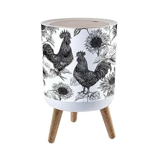 Trash Can with Lid Detailed Rooster Sunflower Black White Press Top Round Small Garbage Bin with Wooden Legs Waste Basket for Kitchen Bedroom Nursery 7L/1.8 Gallon