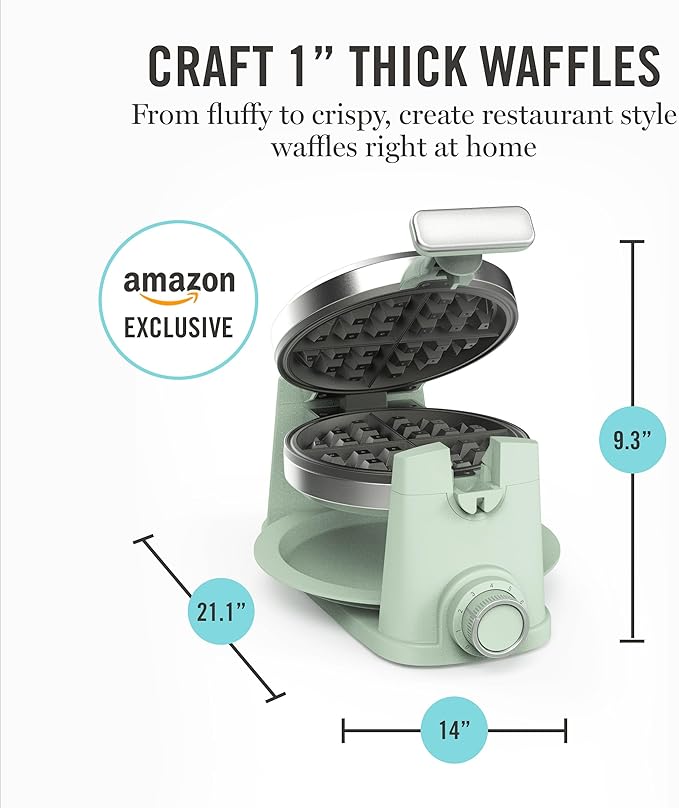 Martha Stewart Rotating Waffle Maker, 180° Flip Iron with PFAS-Free Nonstick Plates, Adjustable Timer, Ready Light, Drip Tray, Space Saving, Classic Round 7”, Easy to Clean, Stainless Steel, Honeydew