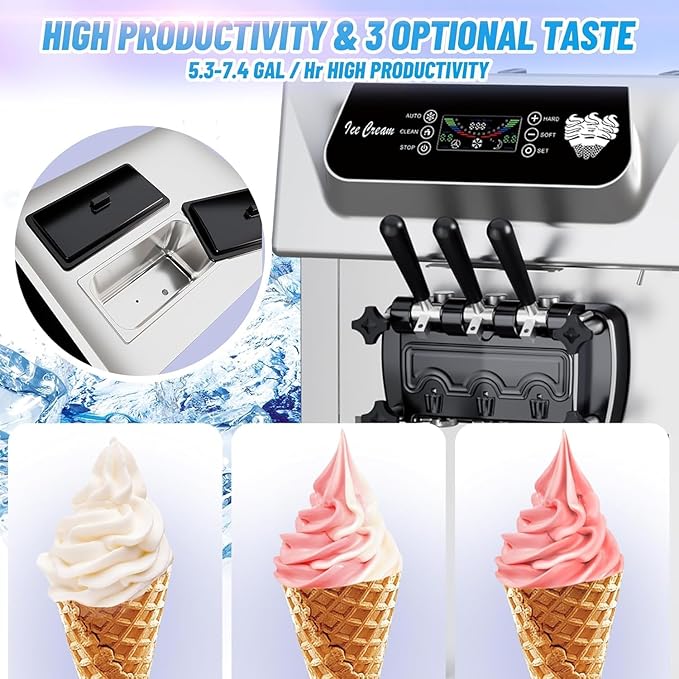 PioneerWorks Commercial Ice Cream Machine, 20-28L/H Yield, 2200W 7L X 2 Capacity, LCD Display, Auto Clean Adjustable Hardness 3 Flavor for Restaurant Snack Bars