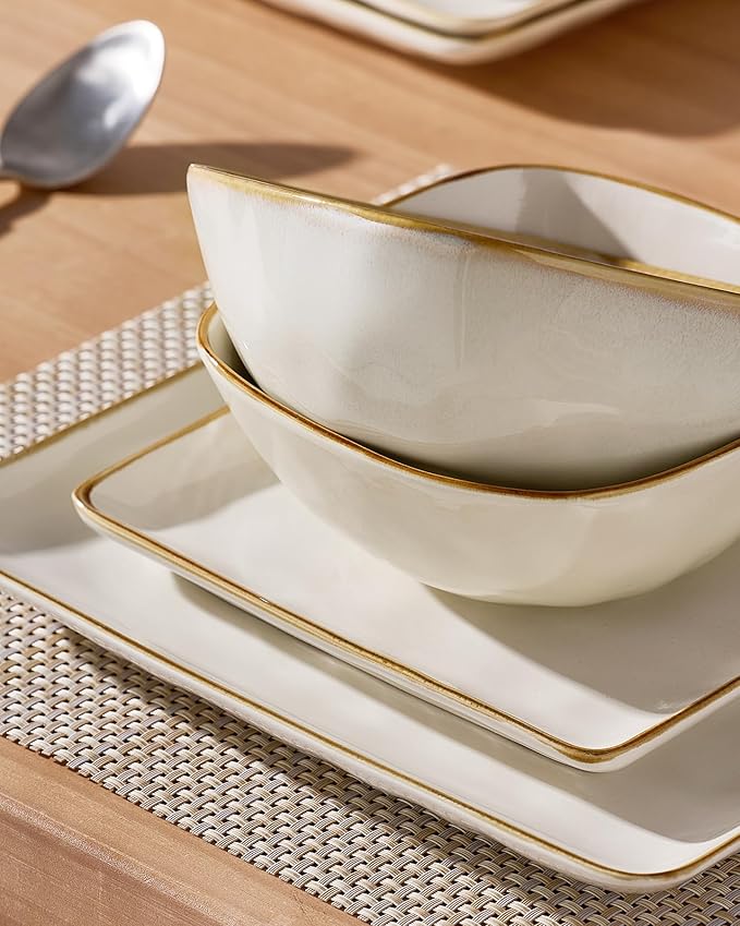 famiware 3 Pcs Rectangular Serving Platter and Dinnerware Set for 4 (12Pcs), Vanilla White