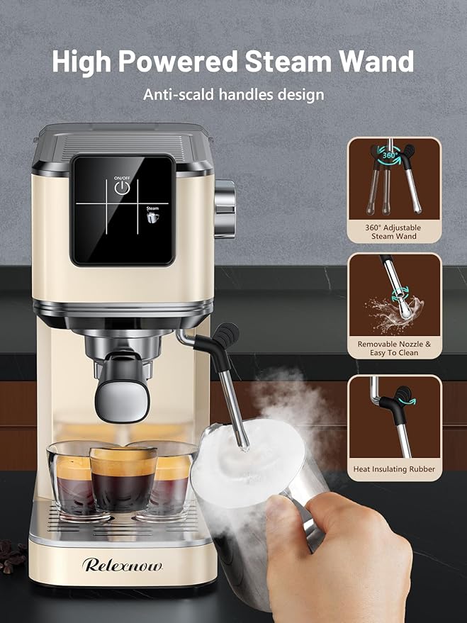 RELEXNOW Espresso Machine, 20 Bar Espresso Maker Milk Frother & LCD Panel, Hot & Iced Coffee Machine, Stainless Steel Espresso Coffee Machine with 41oz Water Tank for Cappuccino, Latte