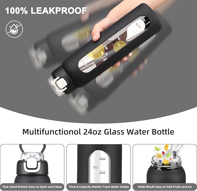 chunmo 24 oz Glass Water Bottles with 2 Lids-Handle Spout Lid & Straw Lid, Motivational Water Bottle with Time Marker and Silicone Sleeve,Leakproof-Black-1 Pack