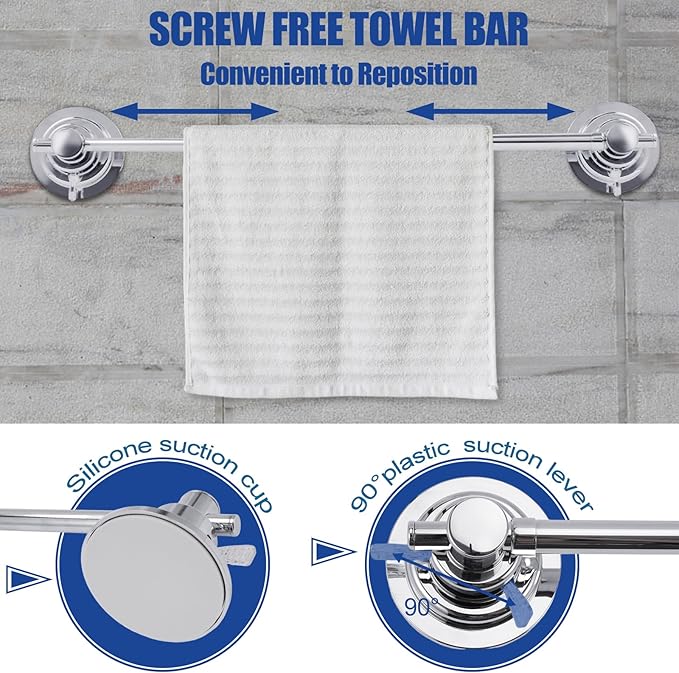 SLIIMU Suction Cup Towel Bar for Shower with 5 Hooks, 17-28 Inch Adjustable Stainless Steel Long Bathroom Wall Washcloth Rack,Extendable Glass Shower Door Suction Rag holder,Towel Rod for Bath Kitchen