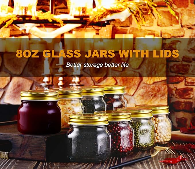 Rainforce Mason Jars 8 oz 30 Pack- Small Mason Jars With Gold Lids -1/4 Quart Canning Jars| Storage Pickling Jars For Jelly, Jam, Honey, Pickles, Spice - With 30 Chalkboard Labels