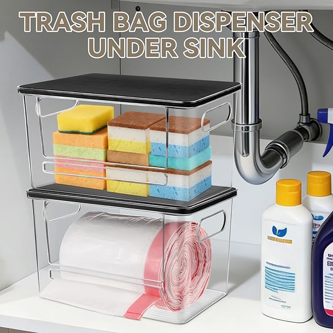 Trash Bag Dispenser, Trash Bag Holder Dispenser with Bamboo Top, Extra Large Garbage Bag Holder Dispenser Trash Bag Organizer Under Sink for Kitchen, Pantry, Laundry Room