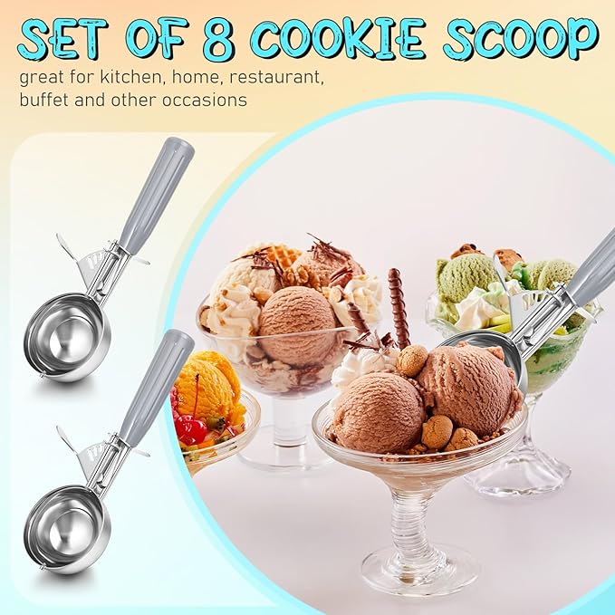 Reallnaive 8 Pcs Release Cookie Scoops Ice Cream Scooper with Trigger Release Portion Scoop Stainless Steel for Portion Control, Baking Food, Cookie Dough (4 oz,Gray)