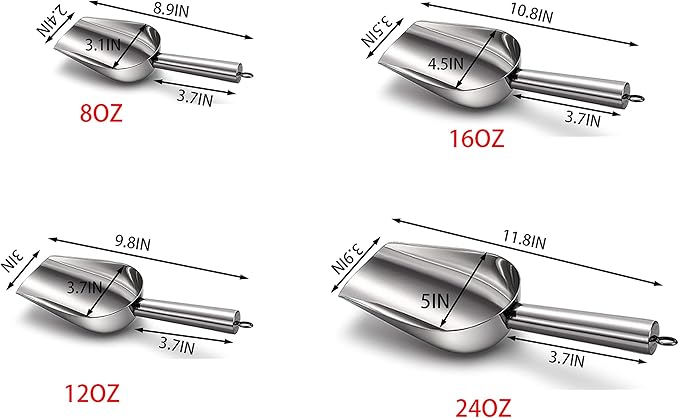 Cedilis Set of 4 Stainless Steel Ice Scoops, 8/12/16/24oz Metal Scooper for Freezer, Ice Machines, Pet Food, Flour, Candy, Coffee Beans, Dishwasher Safe