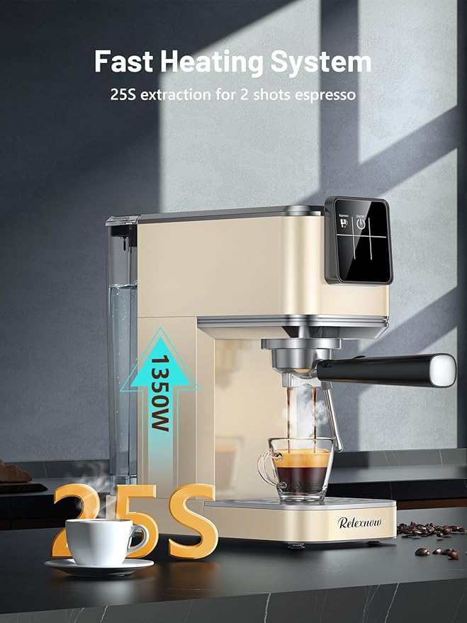 RELEXNOW Espresso Machine, 20 Bar Espresso Maker Milk Frother & LCD Panel, Hot & Iced Coffee Machine, Stainless Steel Espresso Coffee Machine with 41oz Water Tank for Cappuccino, Latte