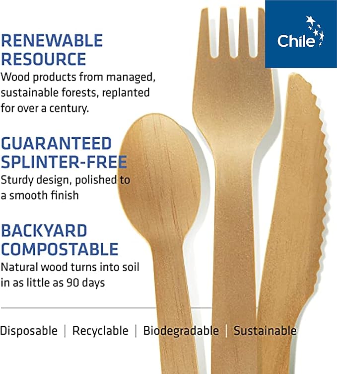 Disposable Wooden Cutlery Set - 100% Home Compostable - 100 Forks 6.5", Bamboo Utensils Alternative, Eco-Friendly, Organic, Sustainable and Carbon Neutral Certified