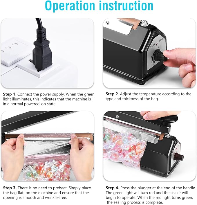 METRONIC 8 inch Bag Sealer, Black Impulse Heat Sealer for Plastic Bags, Poly Bag Sealing Machine with Repair Kit. Clean, Crisp and Fast Sealing Machine