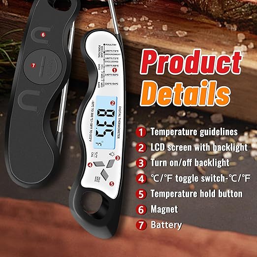 Meat Thermometer, IP67 Waterproof Digital Meat Thermometer with Backlight, Hold Function & Magnet for Grill, BBQ, Candy, Beef,Turkey，Gadgets Essentials BBQ Accessories,Mens Stocking Stuffers