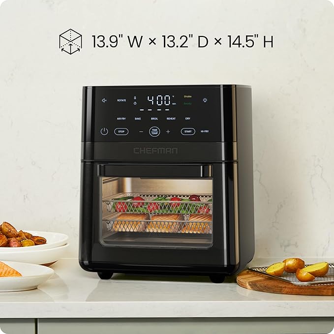 Chefman Air Fryer 6-in-1, XL 14-Quart Multifunctional Airfryer with Touchscreen Controls, Rotisserie, Food Dehydrator, Convection Oven, Bake, Broil, and Reheat Functions, Windowed Door – Black