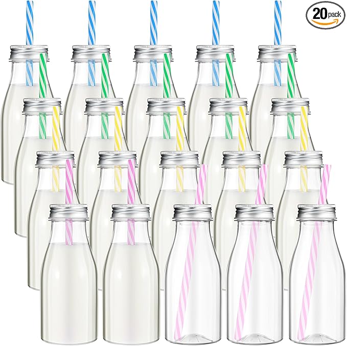 Yinkin 20 Sets Plastic Milk Bottles with Straws Lids Clear Plastic Containers for Dairy Milk Party Bottle for Juices Shakes Smoothies (8 oz,Pastel Color)