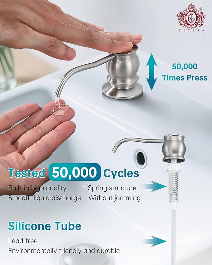Built in Deck Mount Liquid Lotion Kitchen Countertop Metal Soap Dispenser, Brushed Nickel Brass Dispenser Pump with 47.2" Silicone Long Tube for 0.79 "- 1.38" High Capacity Bottle Mouths