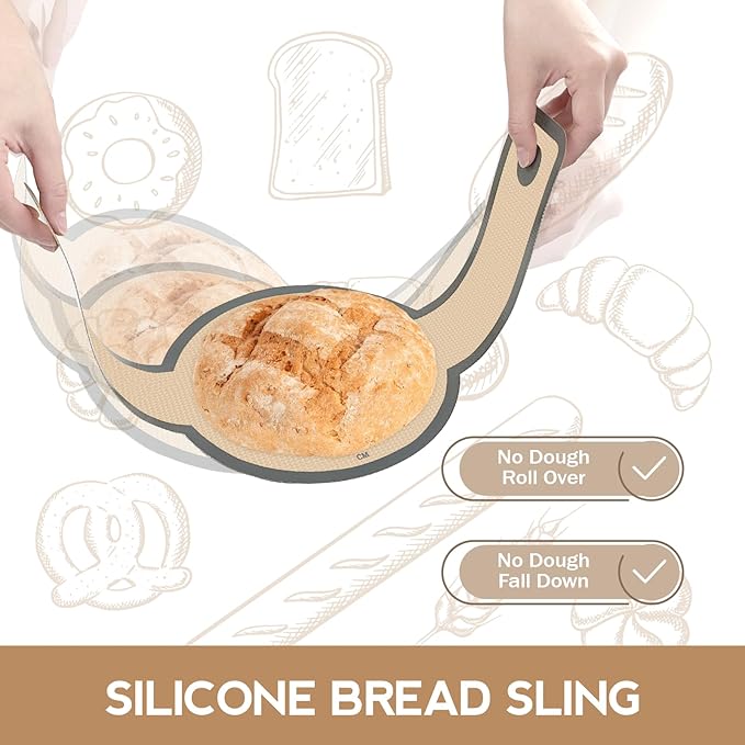 Silicone Bread Sling for Dutch Oven, Non-Stick & Easy to Clean Bread Baking Mat Set, 2 Pcs Reusable Bread Sling with Long Handle to Transfer Sourdough (Gray, 2PCS Round)