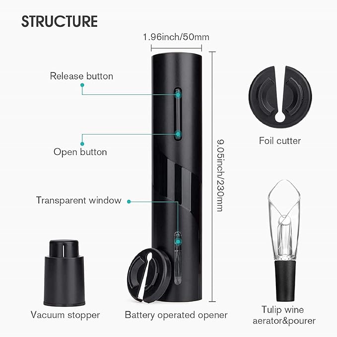ueecool Electric Wine Opener Set, Automatic Corkscrew Set Contains Foil Cutter, Vacuum Stopper with Time mark, Wine Aerator Pourer (4 Piece Gift Set) with LED Light for Home Kitchen Party