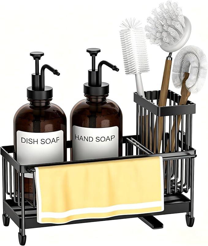 Kitchen Soap Dispenser Set with Sponge Holder and Towel Rack, 17OZ Glass Bottle, Hand and Dish Soap Dispenser Set, Non-Slip Silicone Pad, Brush Holder, Kitchen Sink Caddy Organizer Countertop (Amber)