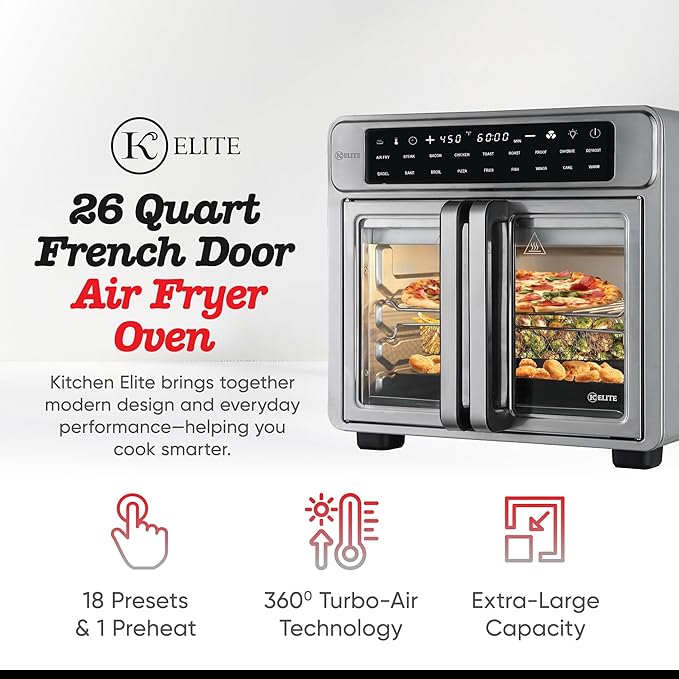 Kitchen Elite 26 Quart French Door Air Fryer Oven – Family Size Countertop Convection Cooker with LED Display, Stainless Steel