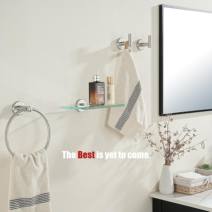 JQK Bathroom Glass Shelf, Tempered Glass Shower Storage 8 by 5 inches, 304 Stainless Steel Brushed Finish Wall Mount 2 Pack, TGS101L8-BN-P2
