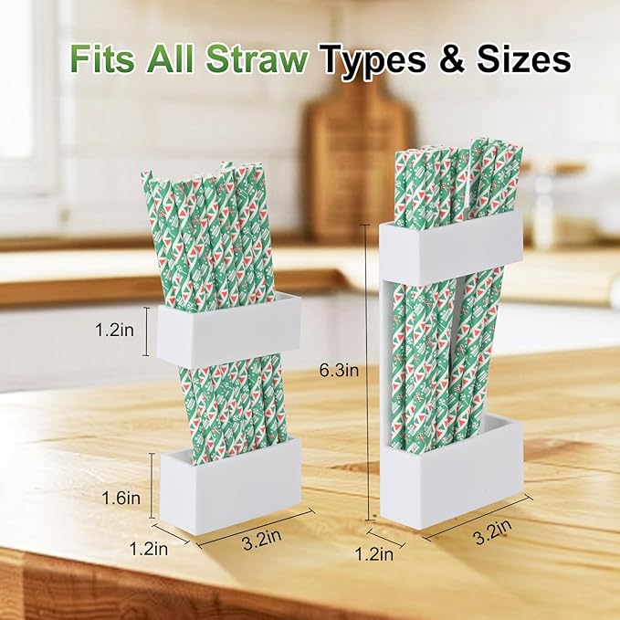 2 PACK Acrylic Straw Holder for Cabinet Doors, Reusable Straw Organizer with Ultra-Sticky Adhesive, Small Kitchen Accessories Container, Fits Both Short & Long Straws (White)