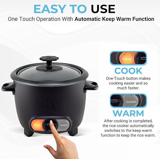 Courant Rice Cooker 8-Cup (Cooked), Removable Non-Stick Bowl, One Touch Rice Cooker, Black