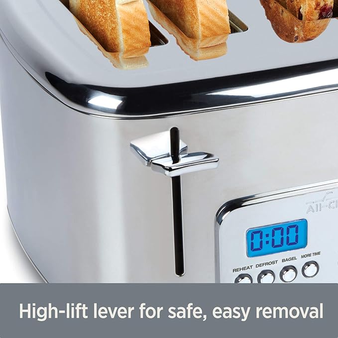 All-Clad Electric Stainless Steel Toaster, 4-Slice, LED Display, Removable Crumb Tray, Internal Cord Storage, 6 Browning Levels, Wide and Self-Centering Slots, Waffles, Bagels, Bread, Silver